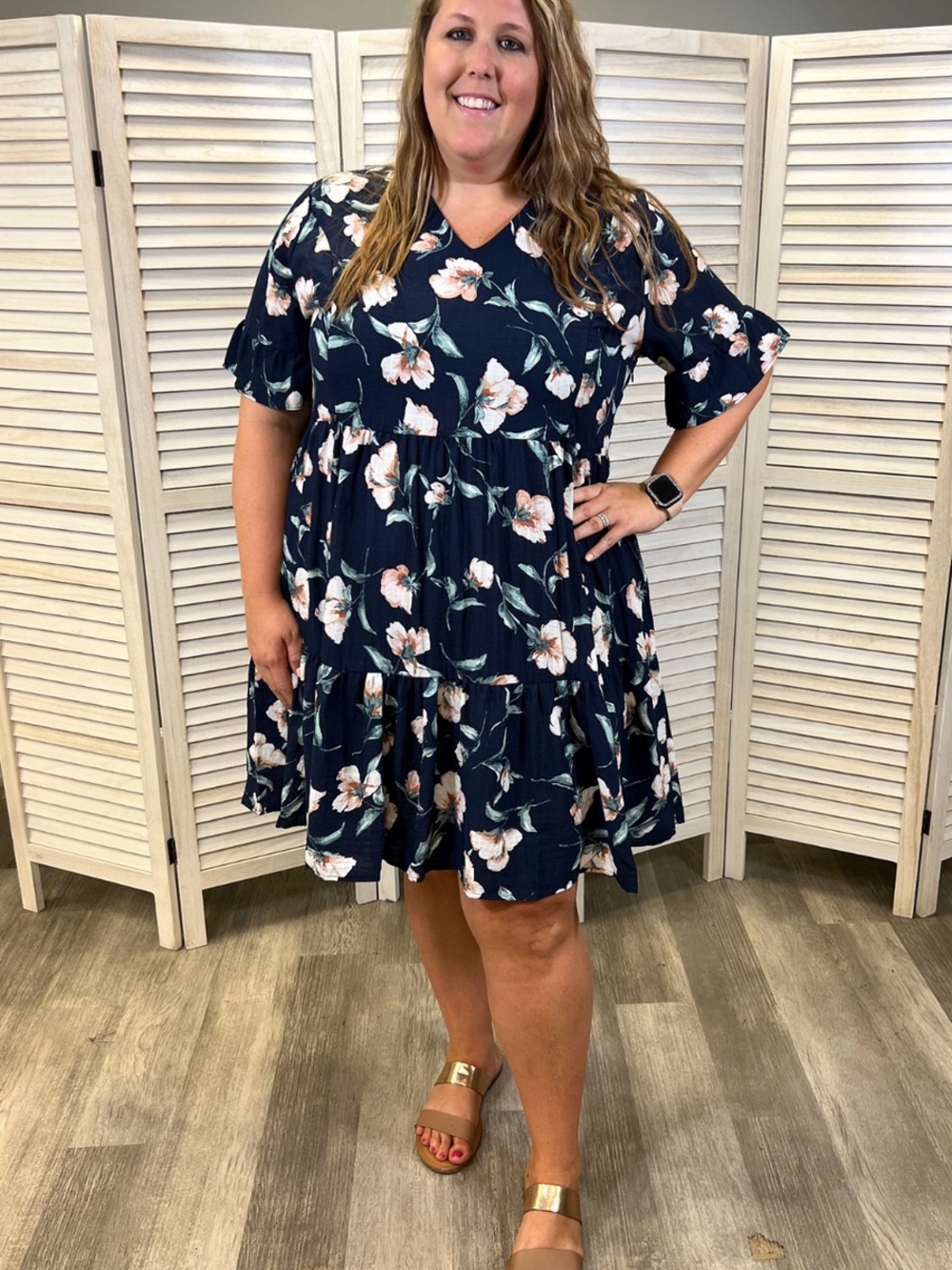 Women's Navy Floral Tiered V-Neck Dress with hidden zippers for nursing